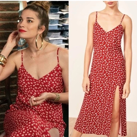 NWT REFORMATION CRIMINI DRESS JENNA Size 4 Red Floral Midi Summer Slit Boho Chic - Picture 3 of 16